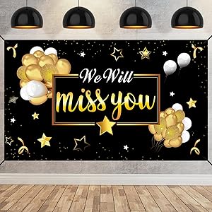 We Will Miss You Going Away Party Banner Backdrop Decorations, Extra Large Black Gold Retirement Party Supplies, Farewell Goodbye Party Background Sign Decor for Coworker Men Women