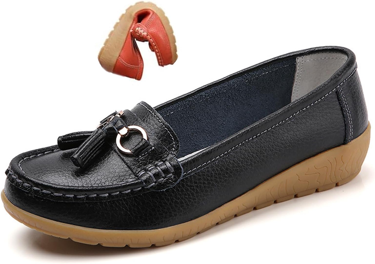 Women's Orthopedic Leather Loafers, Classic Moccasins Rubber Non Slip Soles Casual Low top Slip-on Loafers for Office Travel Driving Flats