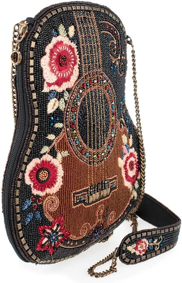 Mary Frances Classical Vibe Beaded Crossbody Handbag Floral Guitar-Shaped Evening Clutch Purse Statement Bag with Removable Strap, Brown