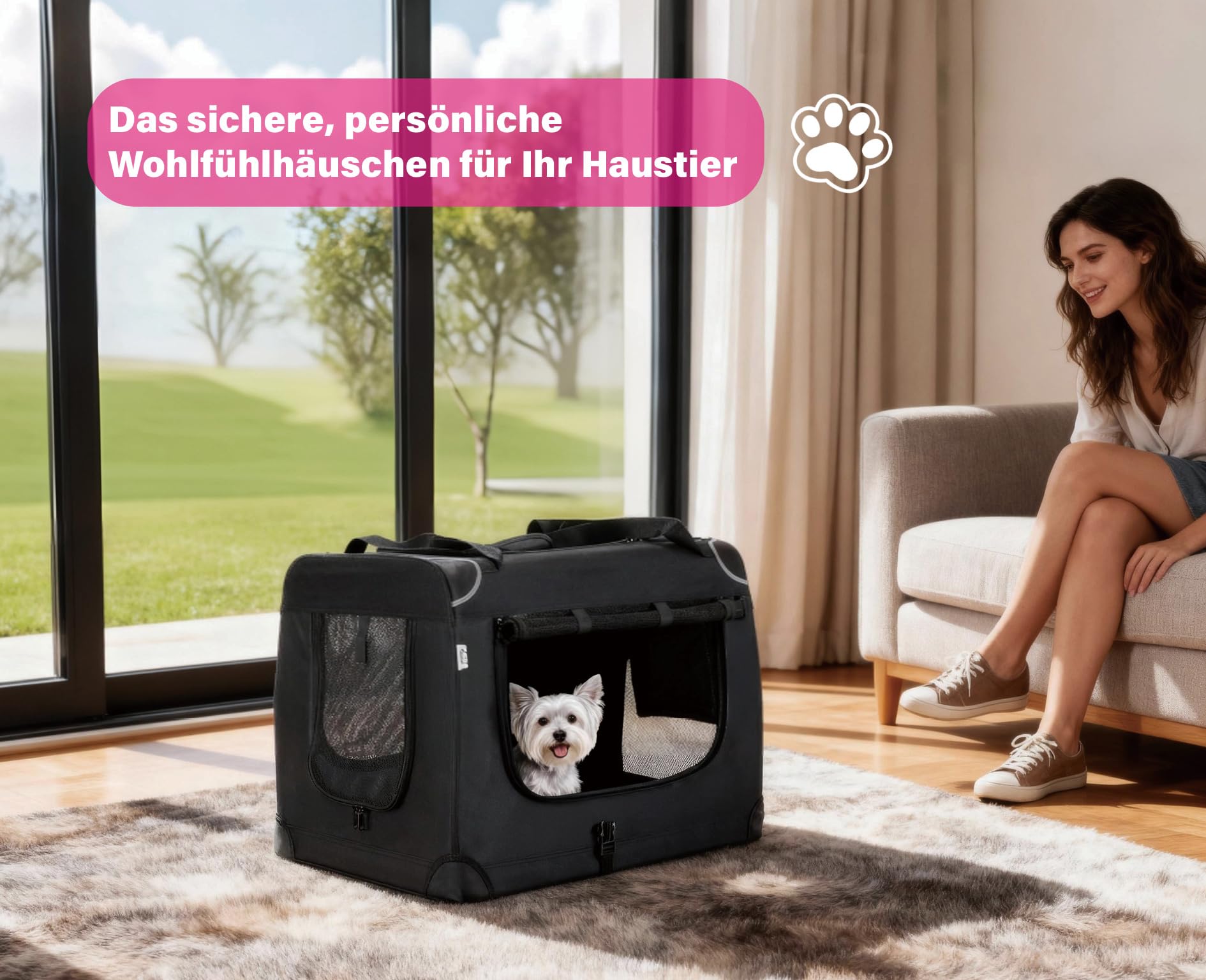 Zedelmaier Hundebox Faltbar Hundetransportbox, M 60x44x42cm, robust Transportbox für Hund & Katze Groß Hundetasche Auto Haustiertransportbox für Unterwegs & Zuhause Schwarz