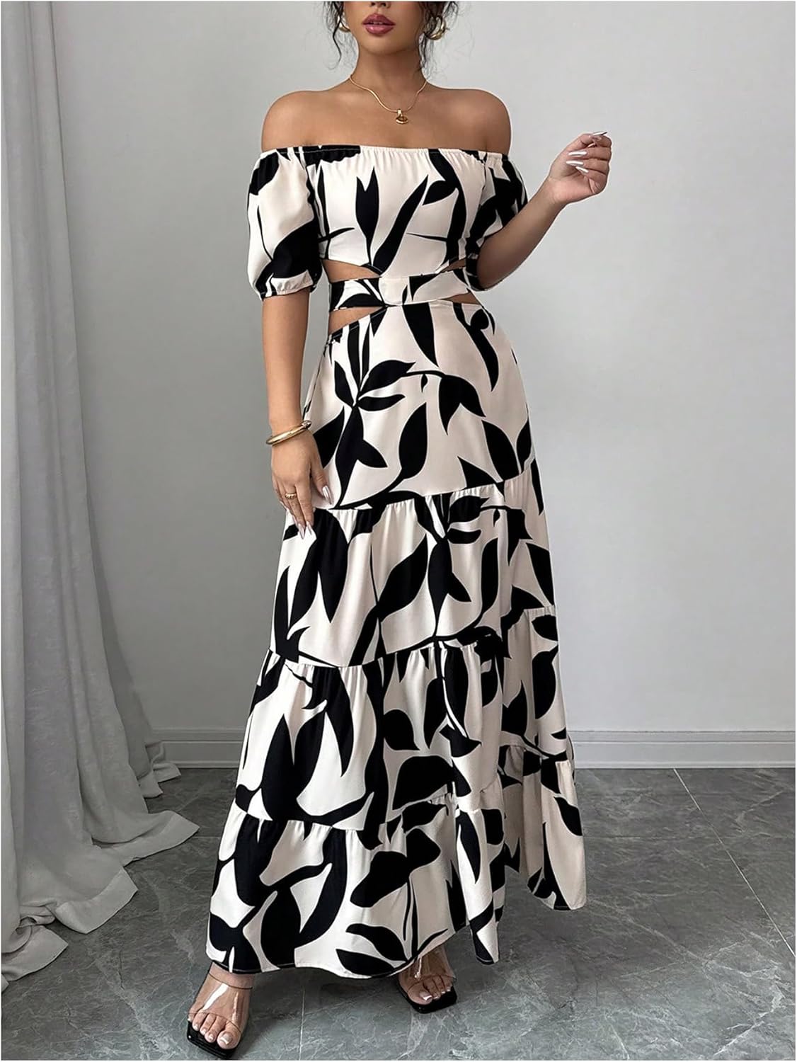 MakeMeChic Women's Off The Shoulder Maxi Dress Cut Out Backless Ruffle Short Sleeve Shirred Summer Dresses - Image 4