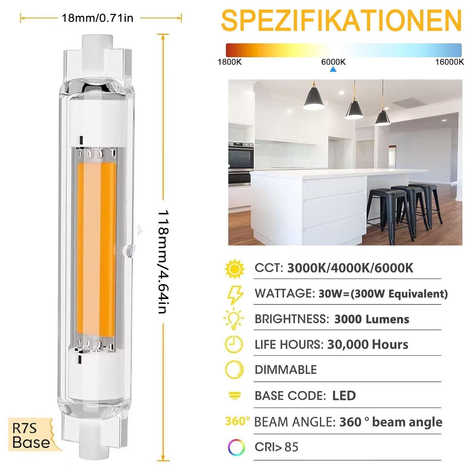 R7S LED 118mm Dimmbar 30W Lampen Ersatz für 300W Halogen Glühbirnen, LED R7S 118mm Kaltweiß 6000K 3000 LM, 360°Abstrahlwinkel, Kein Flackern für Deckenfluter Stehlampe Wandleuchte, 6er Pack