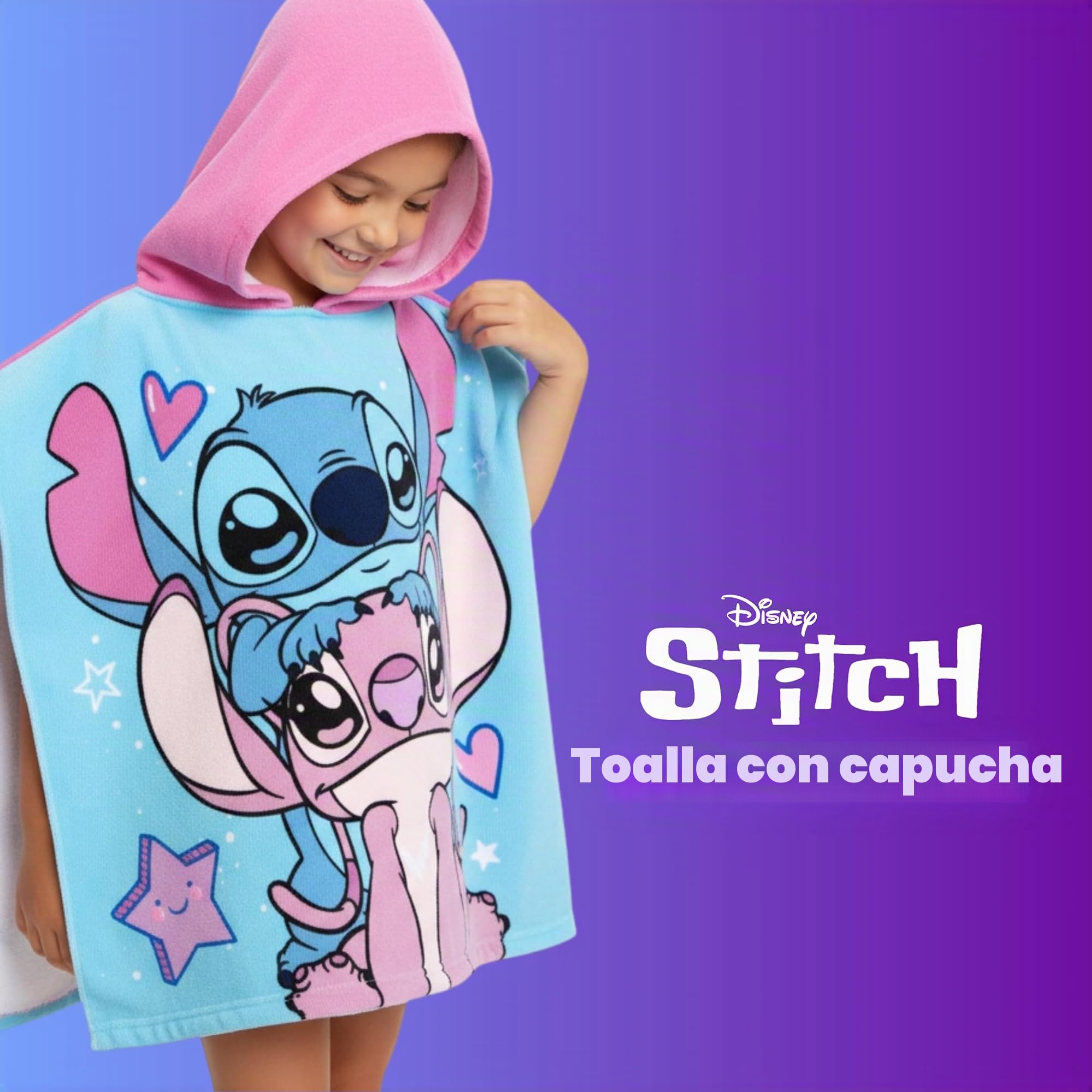 Disney Stitch y Angel Toalla Poncho para Niñas, Toalla de Playa, Toalla de Baño con Capucha, Toalla Natación Infantil