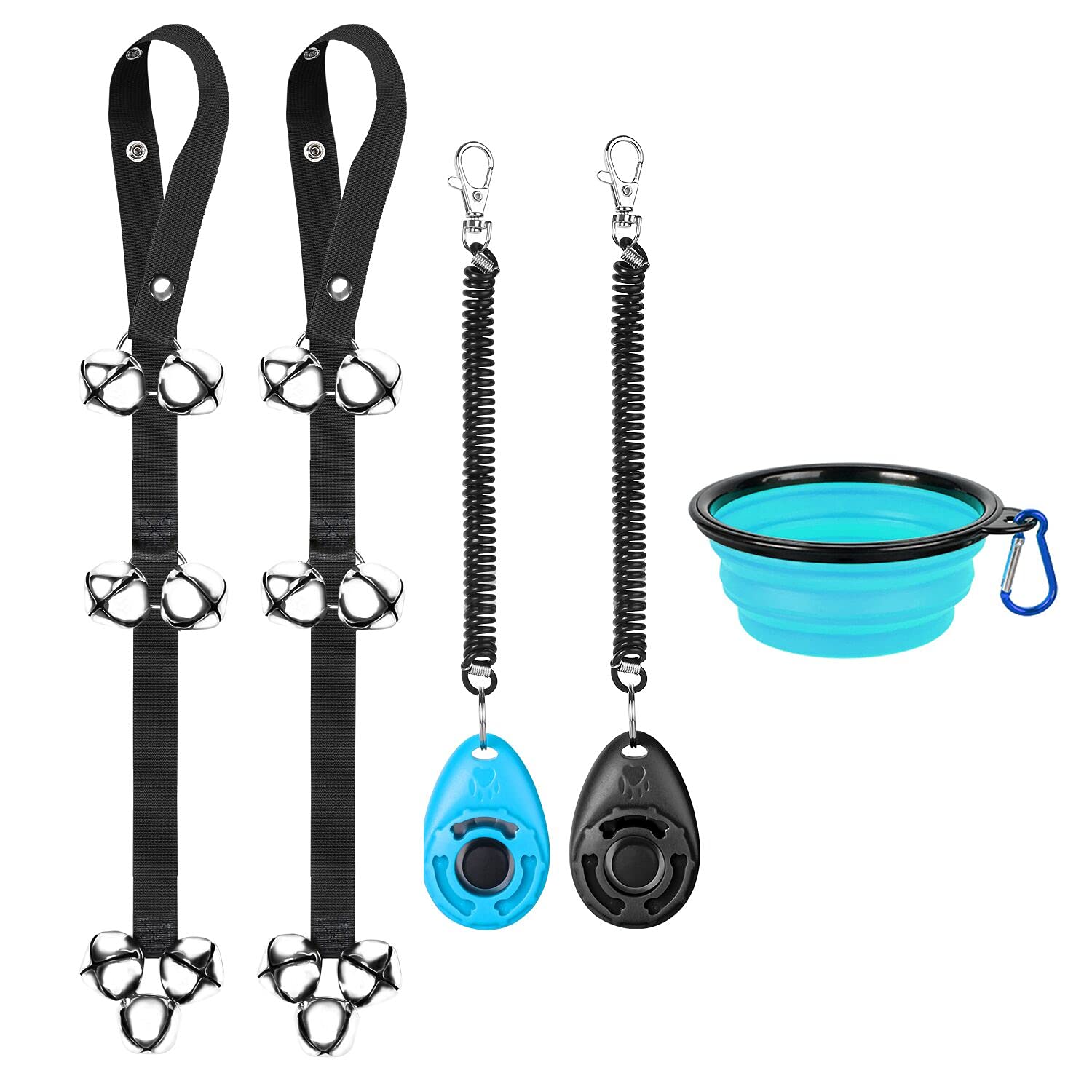 TIOVERY Dog Doorbells Pack of 2, Premium Quality Adjustable Door Bell for Potty Training Door Knob, Include 1 Dog Training Clicker and 2 Collapsible Dog Bowl for Puppie, Pooch, cat, pet