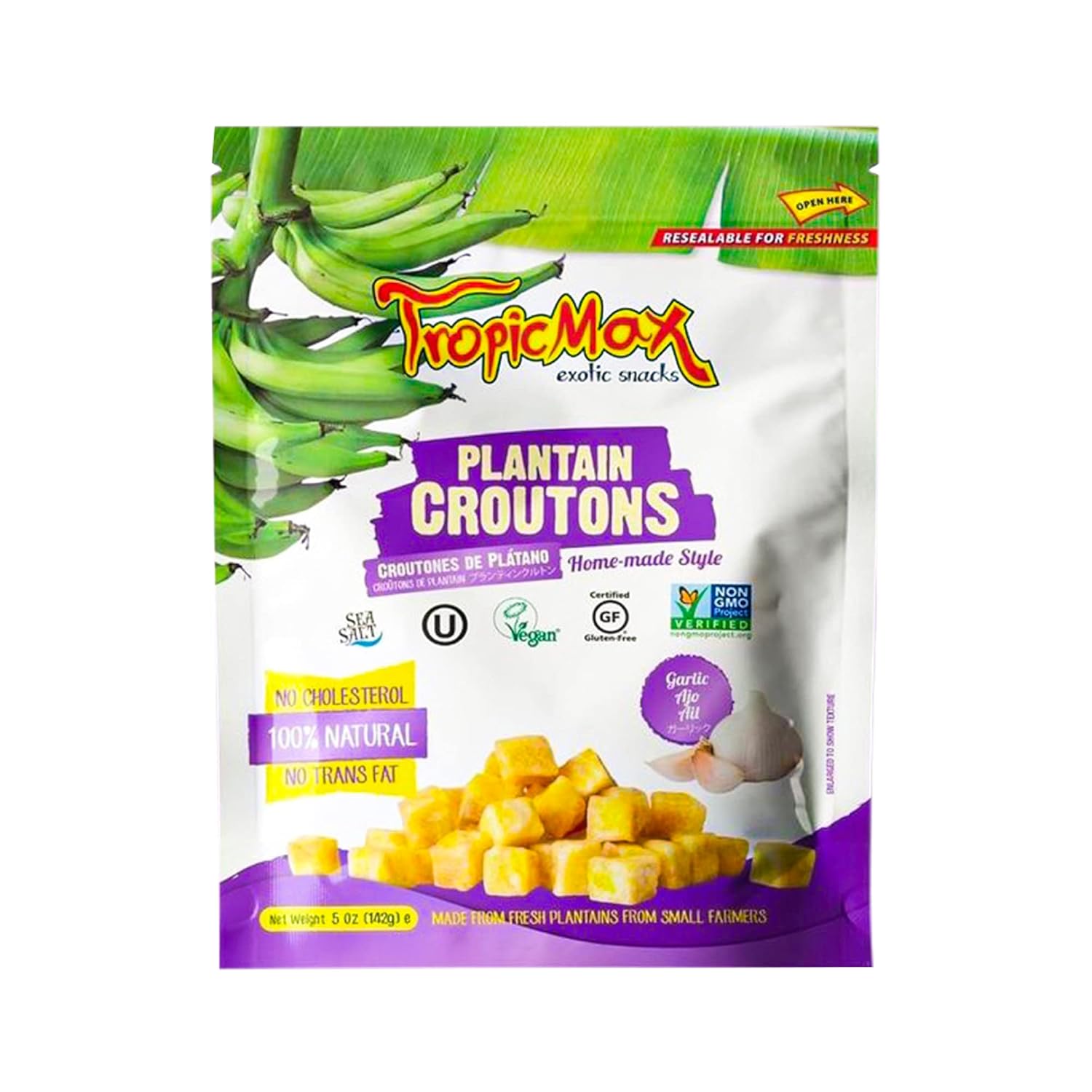 TropicMax – Plantain Croutons Chips with Garlic Flavor – Gluten-Free Certified Kettle Cooked Organic Healthy Snacks – Vegan Green Plantain Chip with Individual Bags – Non-GMO, Kosher Snack (3 packs)