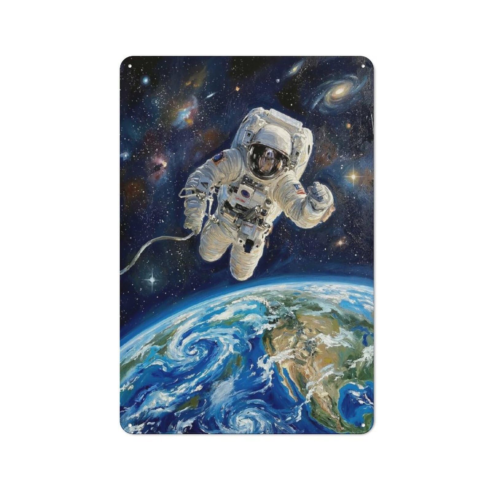 Junmoney Style-7 Garage Style Astronaut In Space Above Earth Painting Decorative Metal Plaque 30X20cm, Garage Wall Decor For Workshop, Basement, Shed Or Games Room