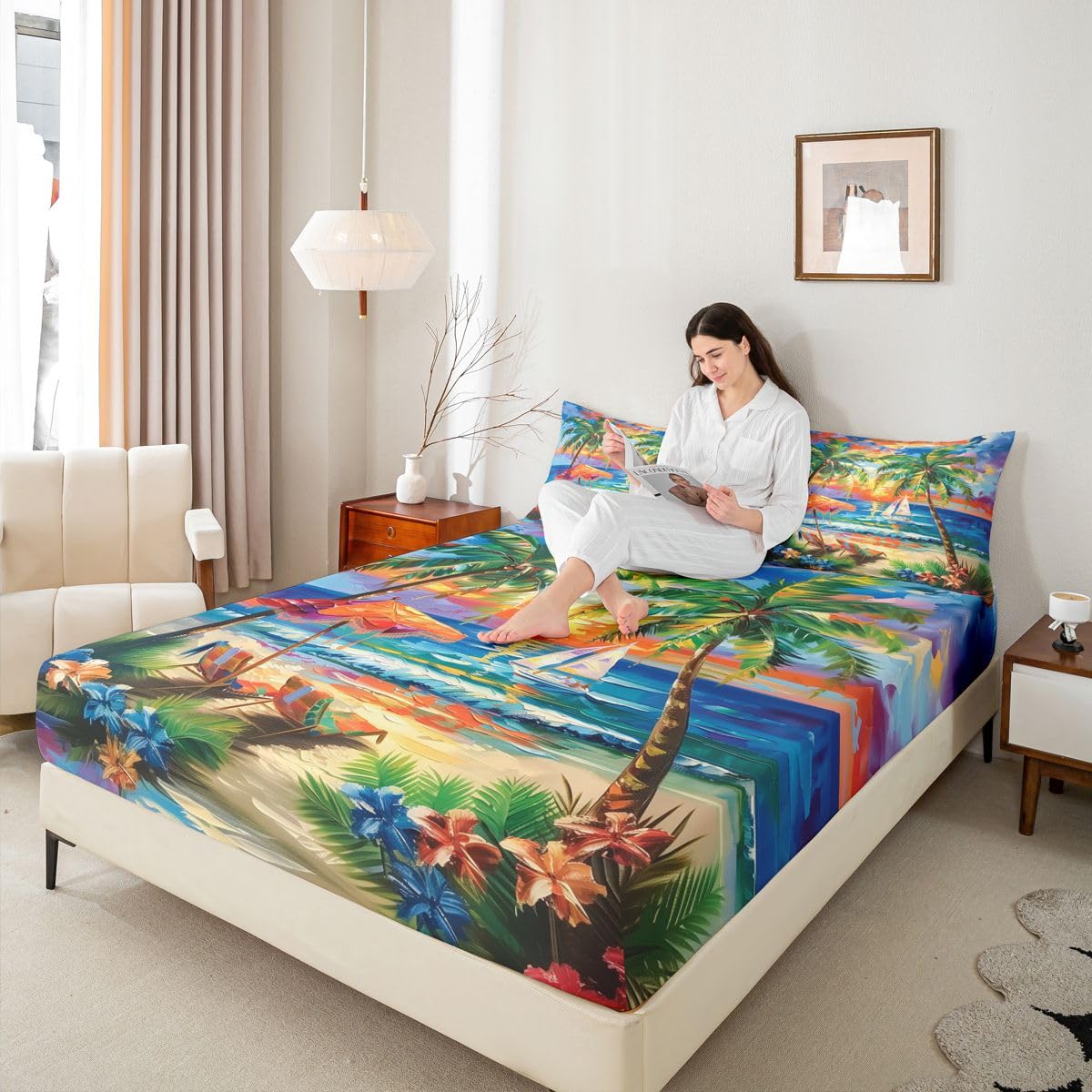 Juego de sábanas bajeras de playa tropical, tamaño King, con palmeras y sillas de playa, decoración de habitación para niños, adolescentes y adultos, juego de ropa de cama con diseño de velero