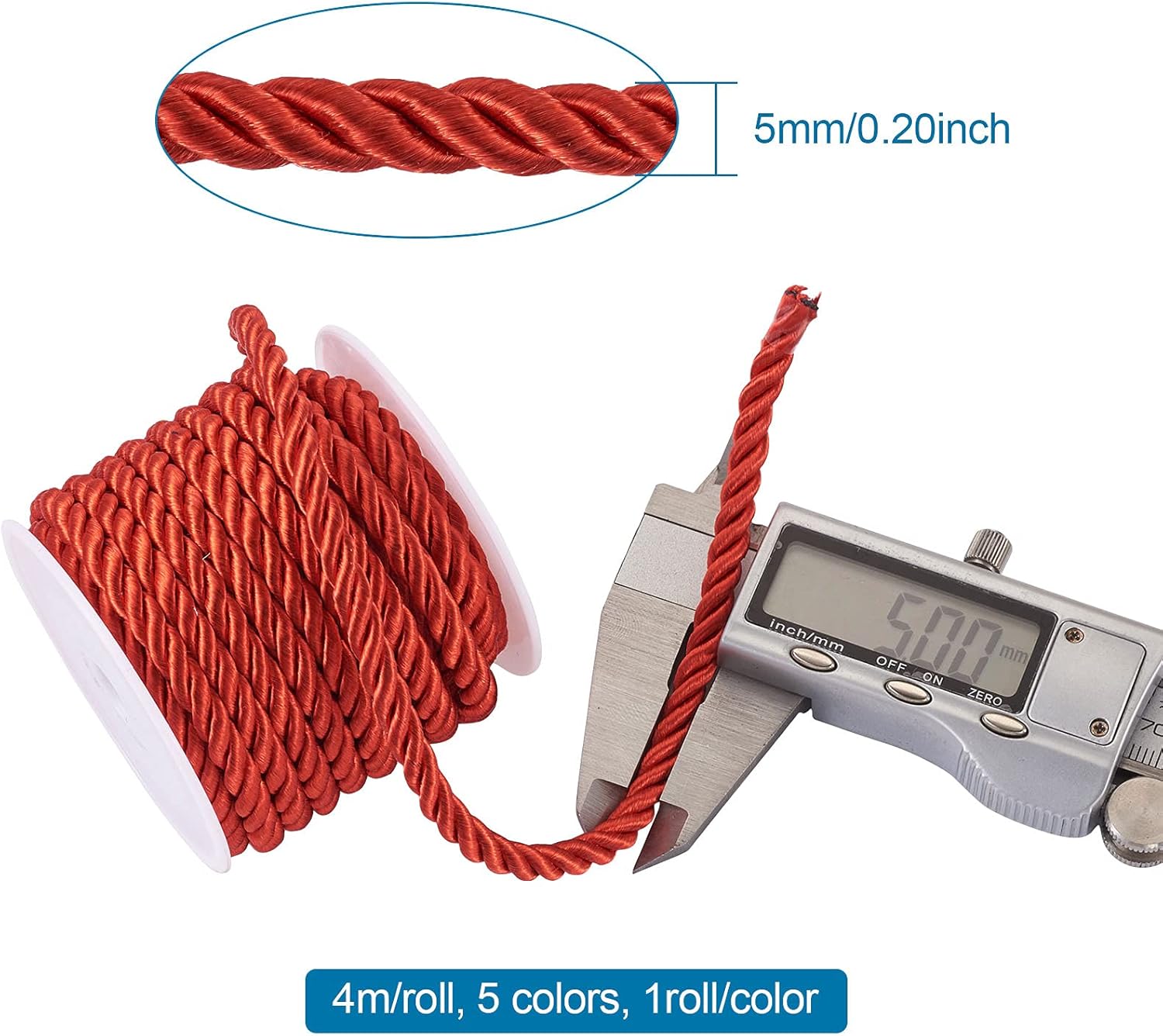 Craftdady 5 Rolls Twisted Cord Trim Rope 5mm Polyester Braided Satin Twine Cord Thread String for DIY Jewelry Craft Home Decoration, About 4.3 Yards/Roll