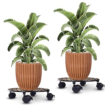 Sharpex Pack of 2 Metal Caddy Iron Dolly on Round Rack Rustproof Sturdy Potted Indoor Outdoor Plant Stand/Trolley with Locking Wheels for Balcony, Living Room, Home and Garden (Gold)