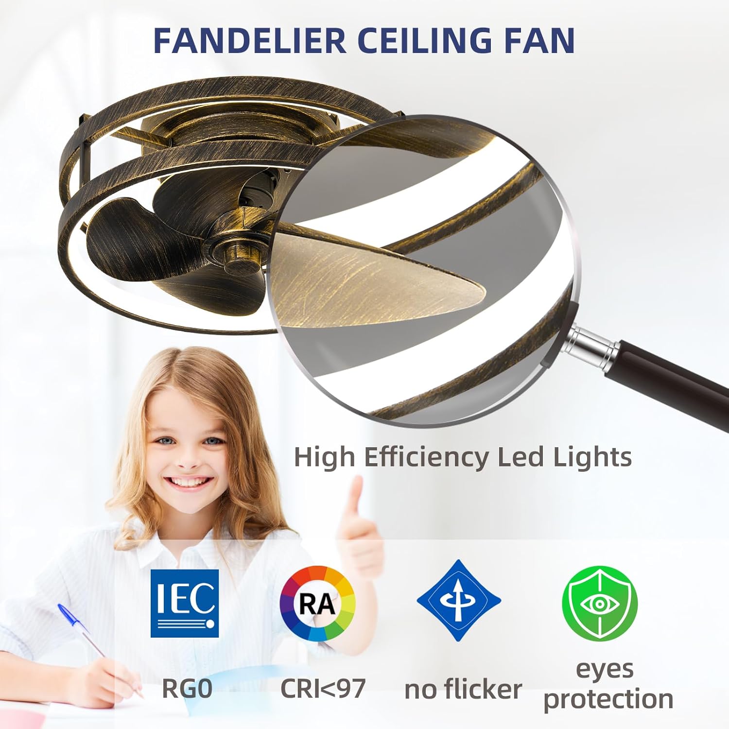 Small Ceiling Fan with Light with Remote 13" Low Profile Flush Mount Modern Fandalier LED Smart Light Fan,Modern Lighting Fans for Bedroom Living Room (Black Golden)