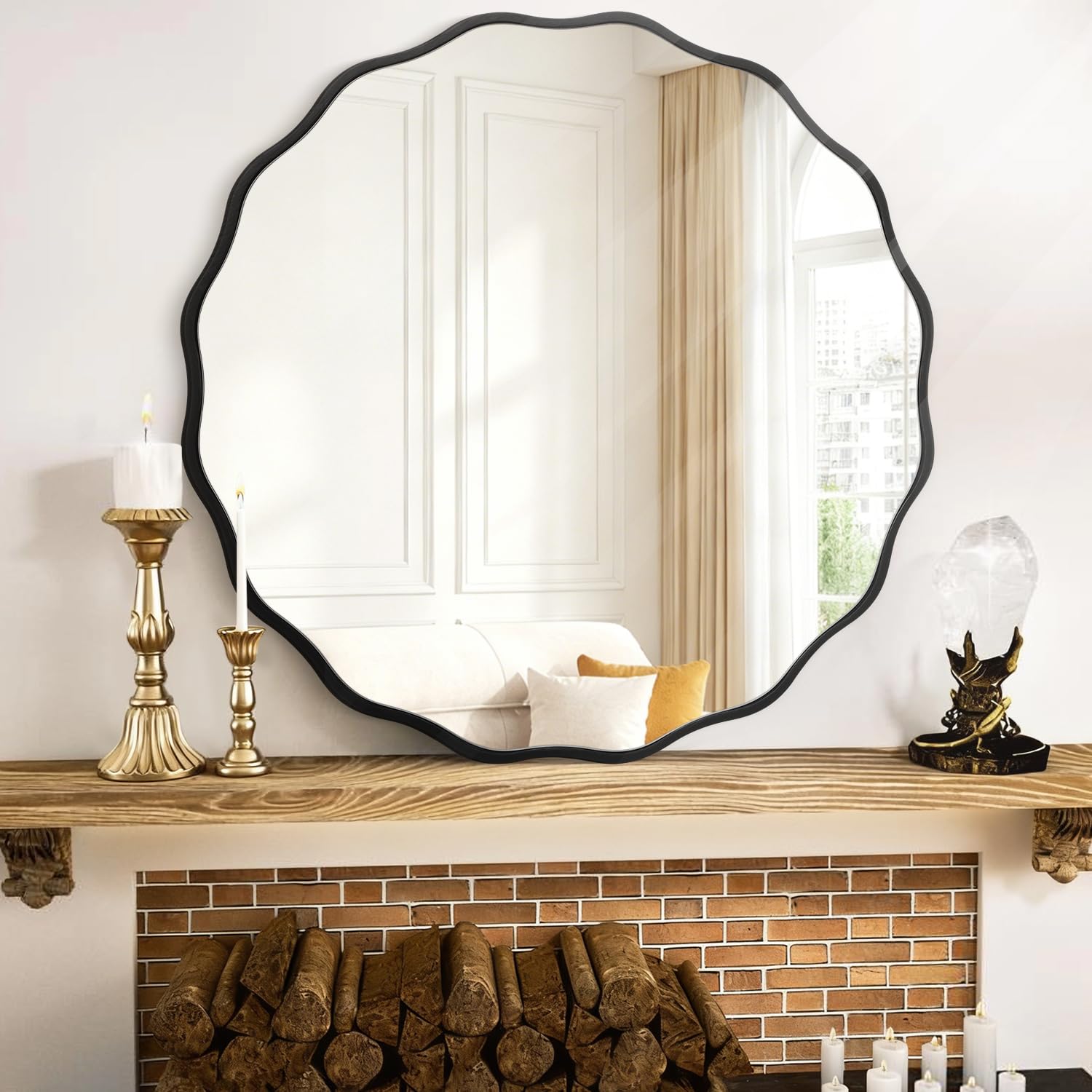 Mwazzll Black Round Wavy Mirrors For Wall With Wood Framed Circle Hanging Mirror Decorative Modern 45Cm For Bedroom Living Room Bathroom Entryway