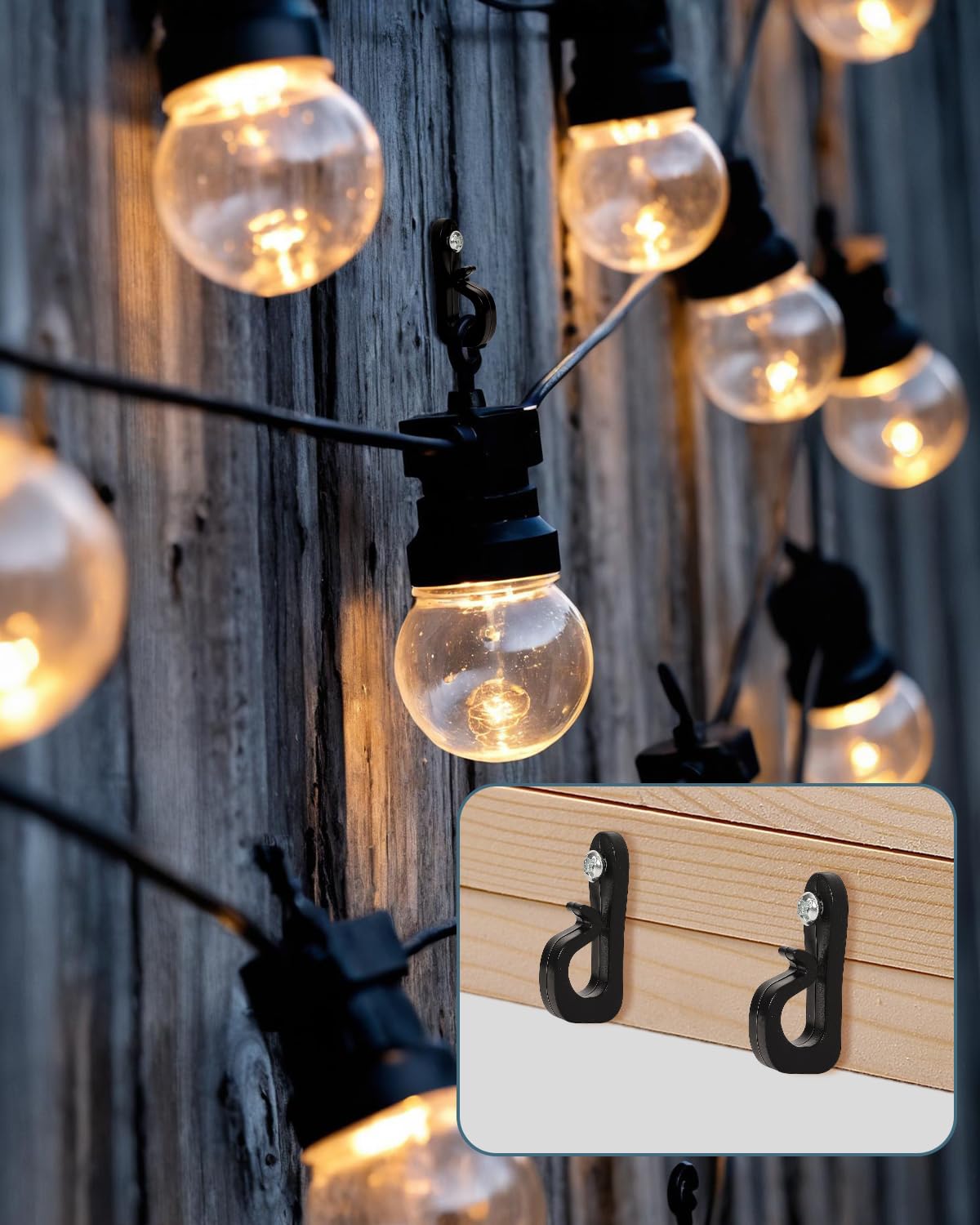 BSTOT 30 Stks Q-Hanger Schroefhaken voor Buiten String Lichten, Omheiningshaken voor Lichtdraad LED Licht Clips met Veiligheidsgesp, Patio Muur Haak Hangend Licht (Zwart