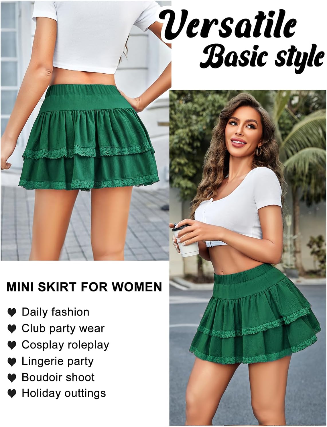 Avidlove Women's Mini Skirt Basic High Waisted Tiered Ruffles Short Lace Hem Cute Lingerie Skirts S-XXL