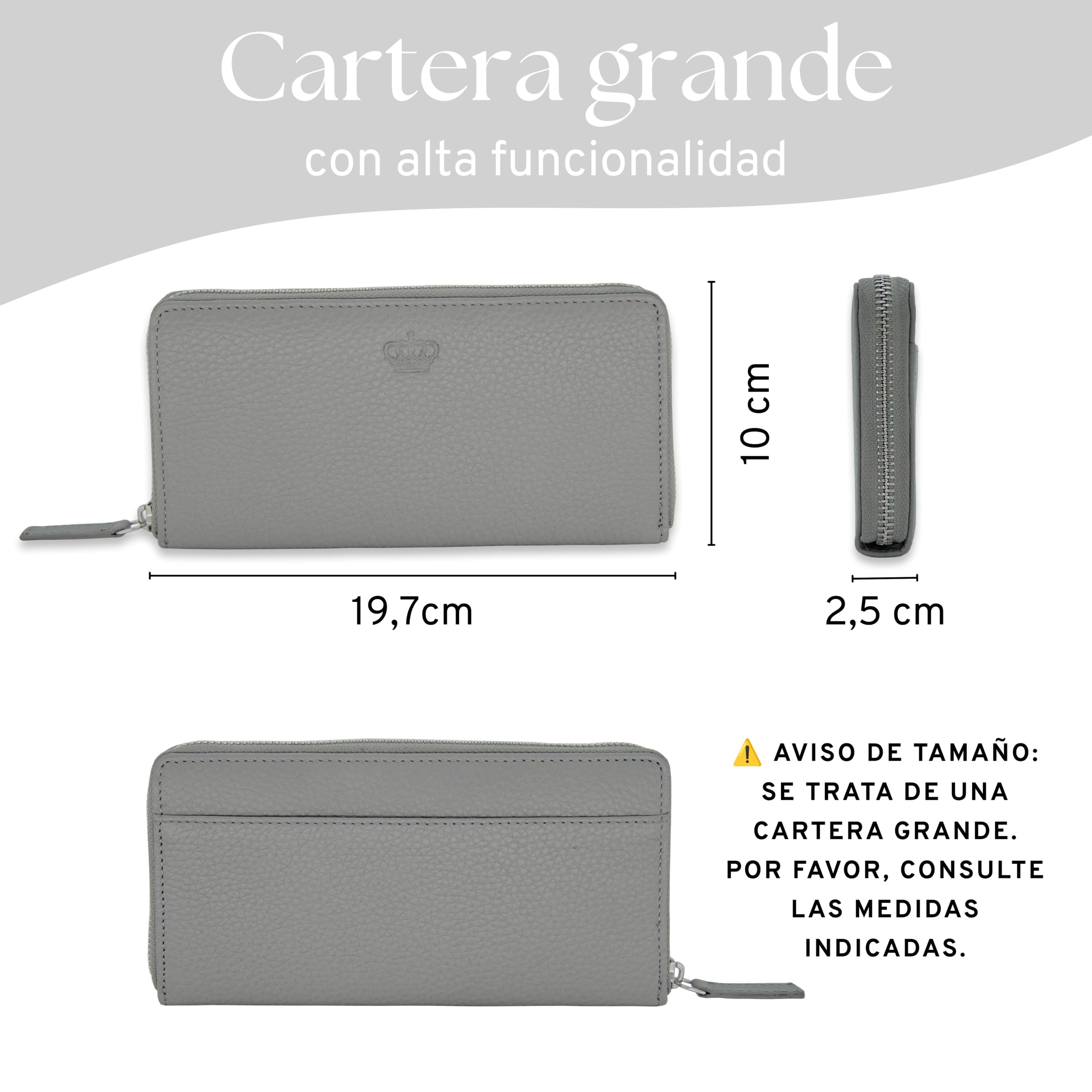 Baur - Cartera de piel auténtica para mujer | Cartera con protección RFID | Cartera grande con muchos compartimentos para tarjetas | Cremallera completa | Monedero para mujer, gris, 19,7x10x2,5 cm