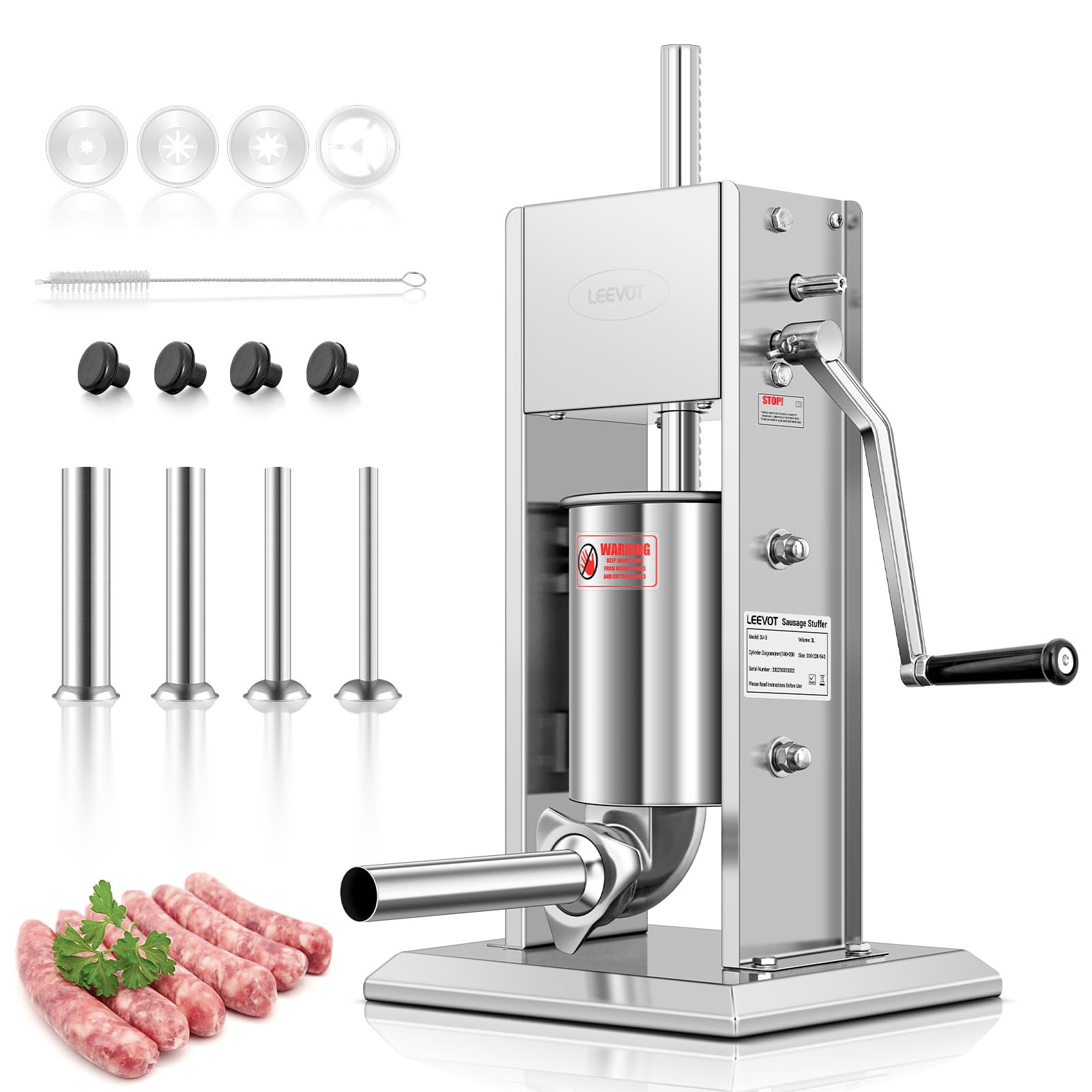 LEEVOT Insaccatrice per Salsicce 3L/7Lb, Acciaio Inossidabile 304, Macchina per Salsicce Regolabile a 2 Velocità, 4 Tubetti di Riempimento (Argento)