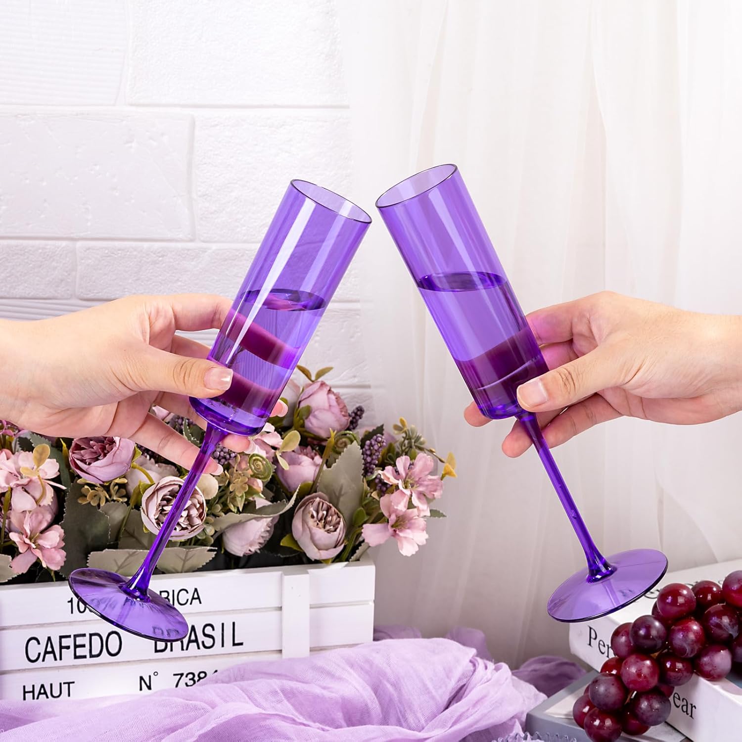 YOUBET 24 Pack Purple Plastic Champagne Flutes -6 Oz Clear Purple Champagne Glasses - Square Plastic Toasting Glasses for Birthday Anniversary Wedding & Mardi Gras Party - Image 9