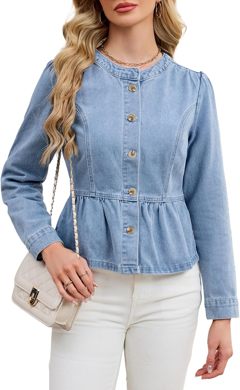 Jean Jacket for Women Peplum Hem Puff Long Sleeve Button Down Collarless Round Neck Denim Jacket Top - Image 2