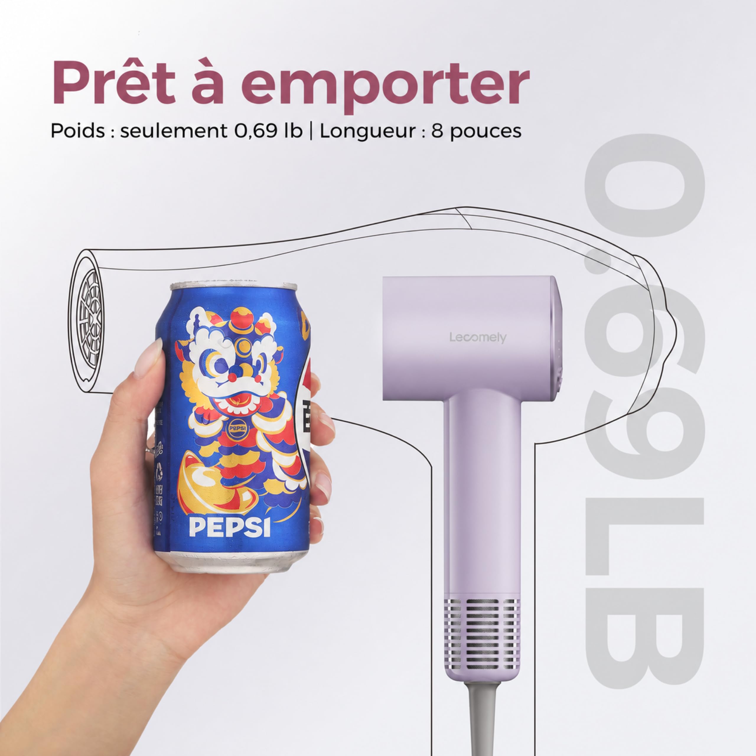 Sèche-cheveux de voyage léger et compact, bi-tension automatique 110–240 V, 312 g hors cordon, séchage rapide, ionique anti-frisottis, 5 températures et 3 vitesses – Lecomely S4AT
