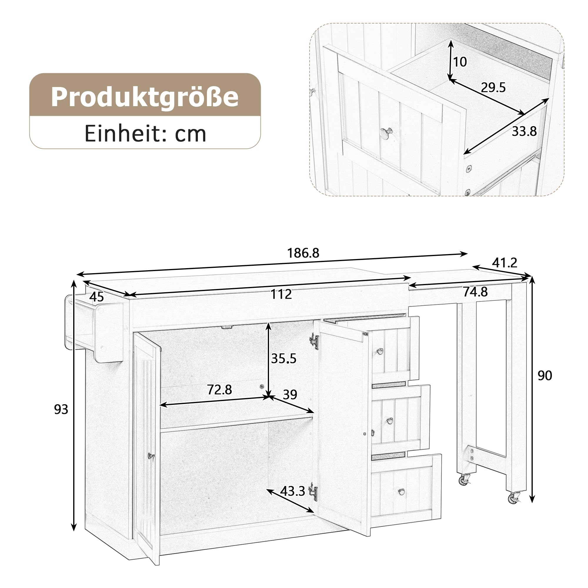 TIZZ Isola della cucina su ruote, zona pranzo allungabile isola cucina con portaspezie e cassetti, mobile autoportante, ideale per cucina e sala da pranzo (bianco)