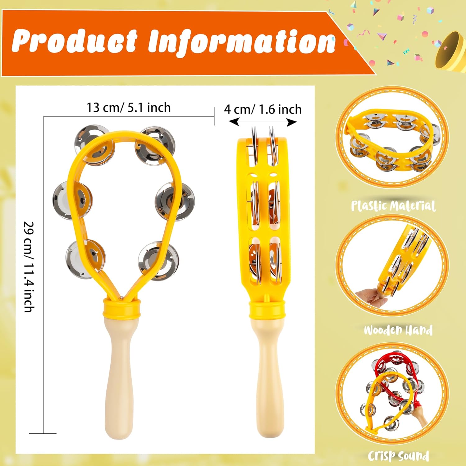 4 Pack Tambourine with Double Row Metal Jingles for Adults Hand Held Musical Percussion Instrument with Wooden Handle Grip Party Gift KTV Church