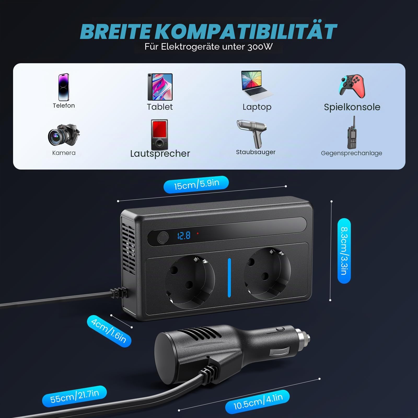 Auto Spannungswandler 300W, Wechselrichter DC 12V auf AC 230V Schnellladung Autoladegerät mit Zigarettenanzünderstecker 7-Port Ladegerät mit 2 Steckdosen 2 USB-Anschlüsse 2 Typ-C-Anschlüsse