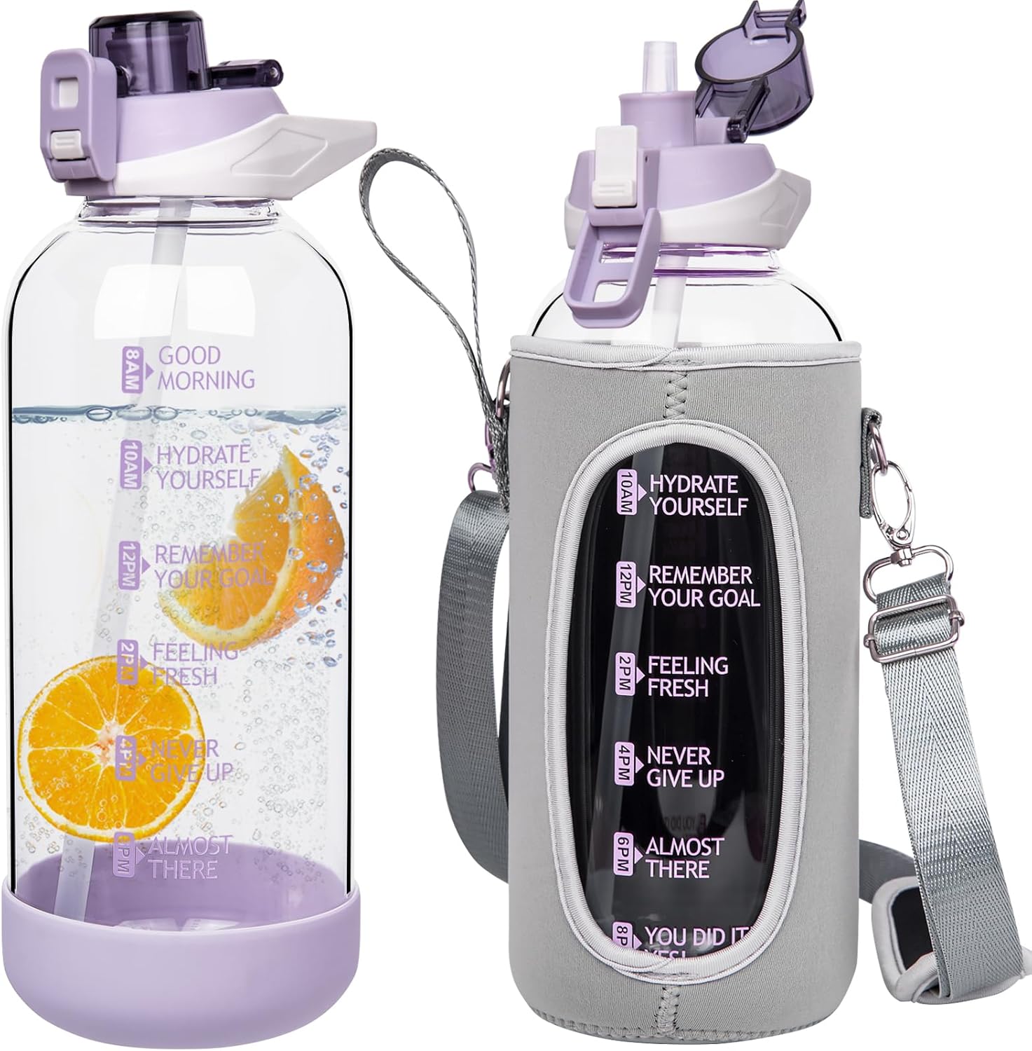 64 oz Large Sports Glass Water Bottle with Straw & Time Marker, Motivational Half Gallon Daily Glass Drinking Bottle with Strap for Fruit Infused Water, Smoothie, Coffee