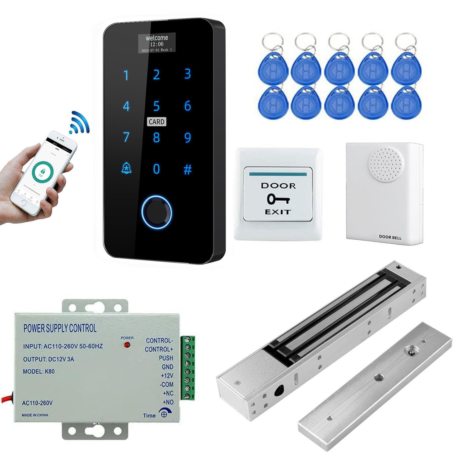 YAVIS Kit Zugangskontrollsystem TUYA WiFi Türöffner, Touch Fingerabdruck Tastatur mit Bildschirm Wasserdicht NFC, Elektrisches Magnetverschloss 280kg, RFID 125KHz/13,56MHz, DC 12V Netzteil, Türglocke