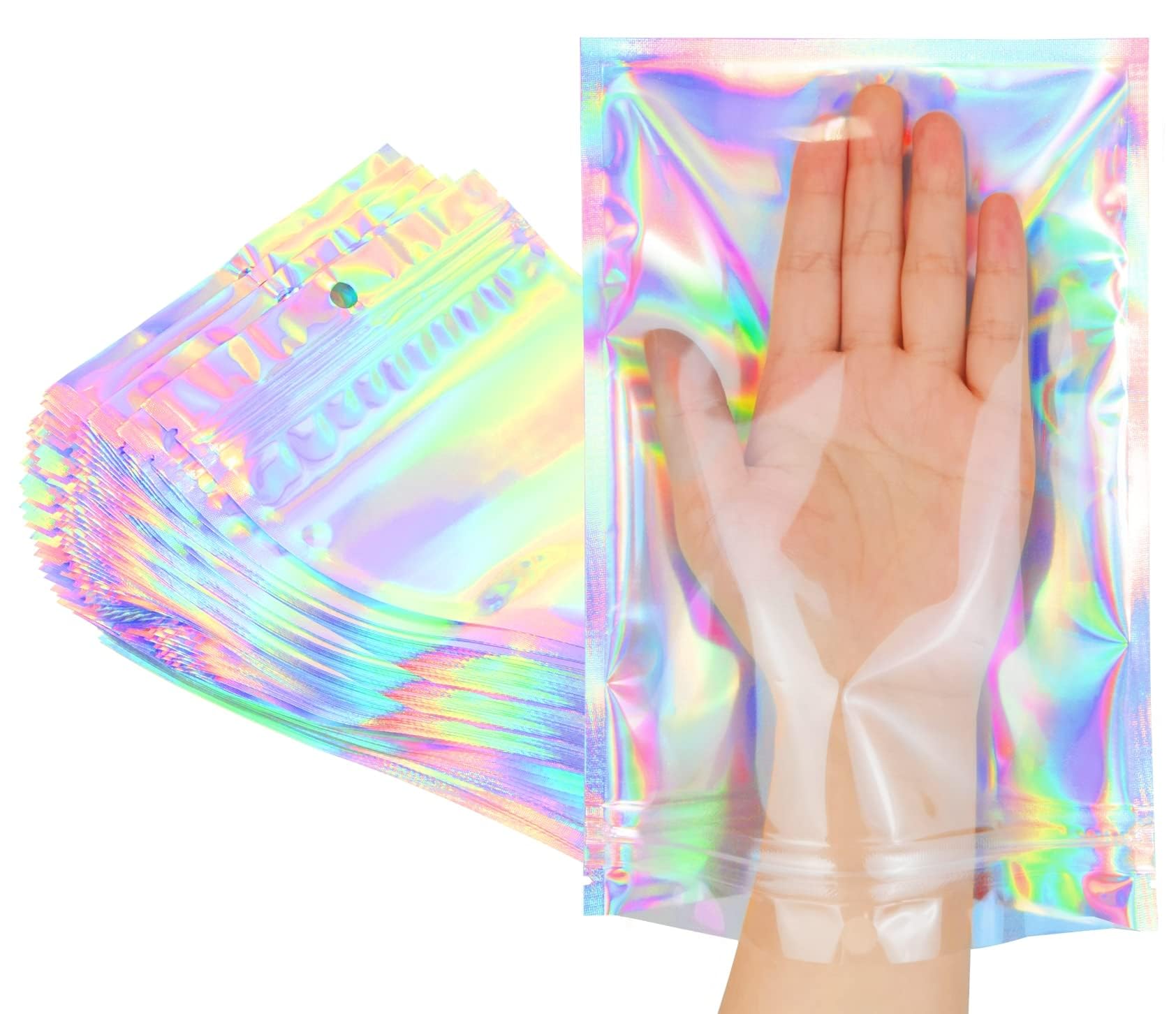 HBSTUDIO Resealable Foil Pouch Mylar Sample Bag,Great for Party Favor Food Storage (Holographic Color) (50pcs,15x22cm)