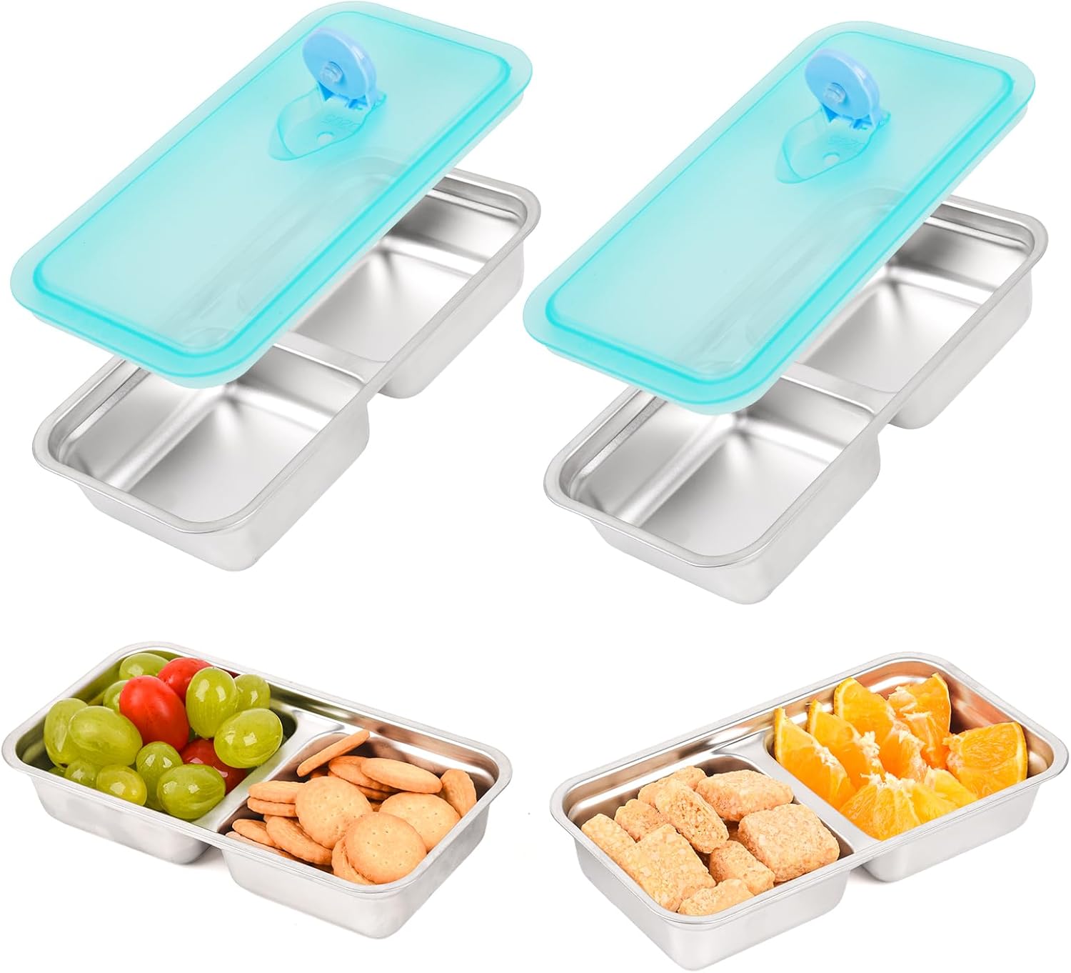 2Pcs Grab and Go Snack Containers Stainless Steel, Reusable Double Compartment Food Storage, Condiment Container with Lids – Perfect for Snacks, Dips, Travel, Camping & Takeout