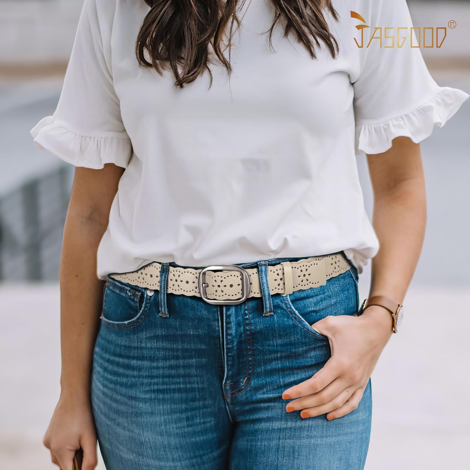 JASGOOD Women's Hollow Flower Genuine Leather Belt for Jeans Pants Wide Belt for Ladies - Image 5