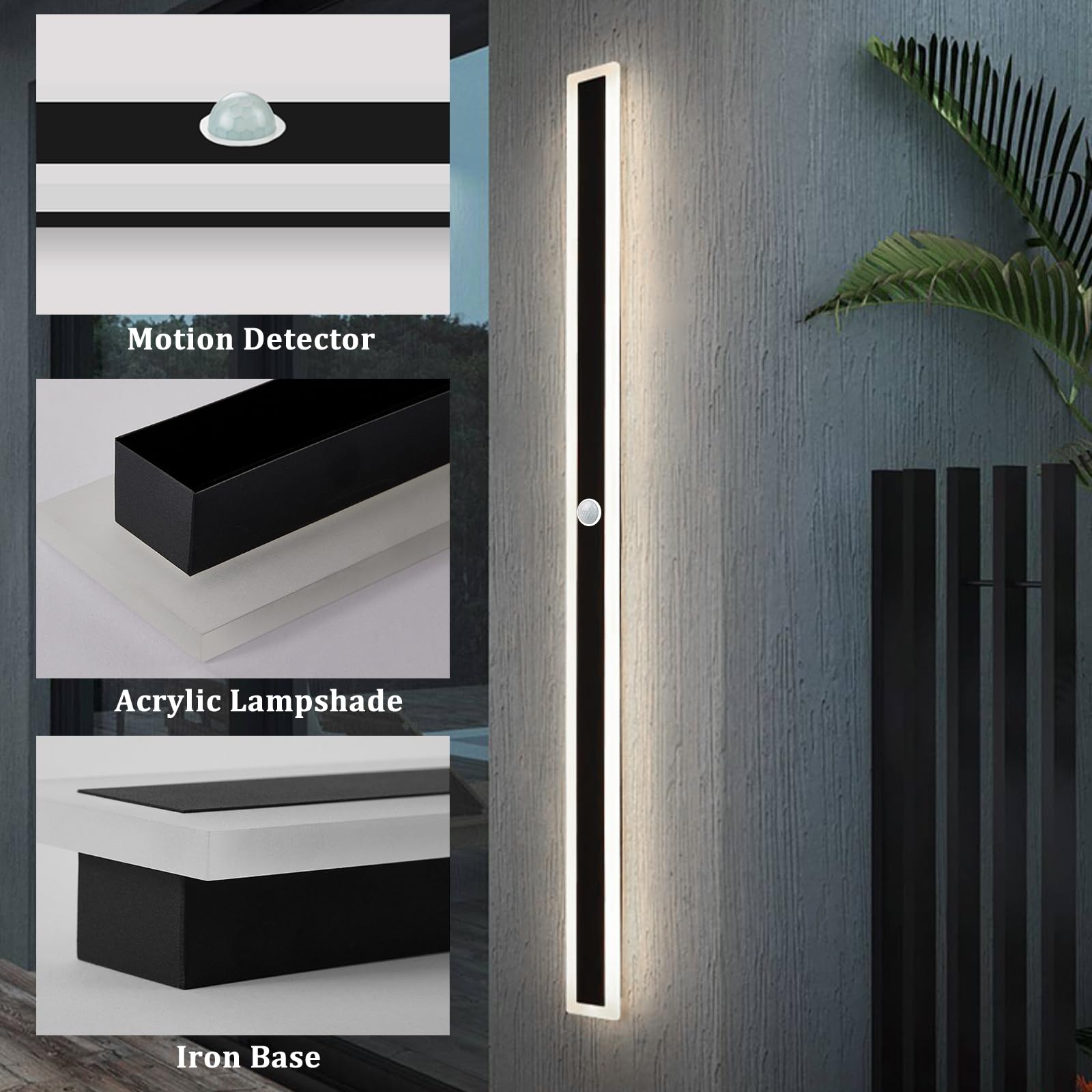 Exterior Aplique Pared con Sensor de Movimiento LED Lámpara de Pared Impermeable IP65 Patio Iluminación Aluminio Blanco Natural 4500K Largo Luz Pared para Jardín Puerta Delantera (120cm)