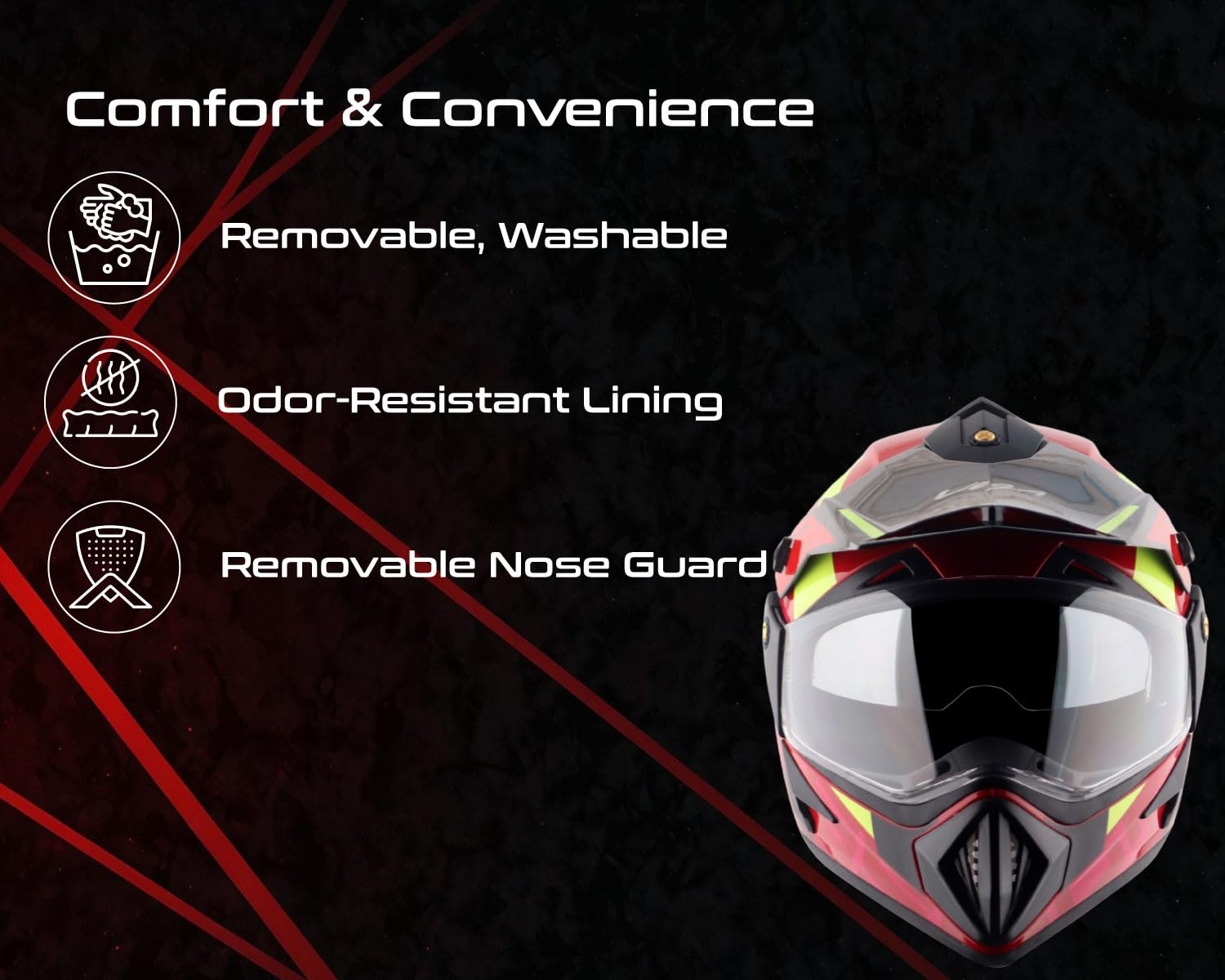 Vega Off-Road Motocross ISI Certified Gloss Finish Full Face Helmet for Men with Dual Visor and Stylish Peak-Red Black-M - Image 4 thumbnail