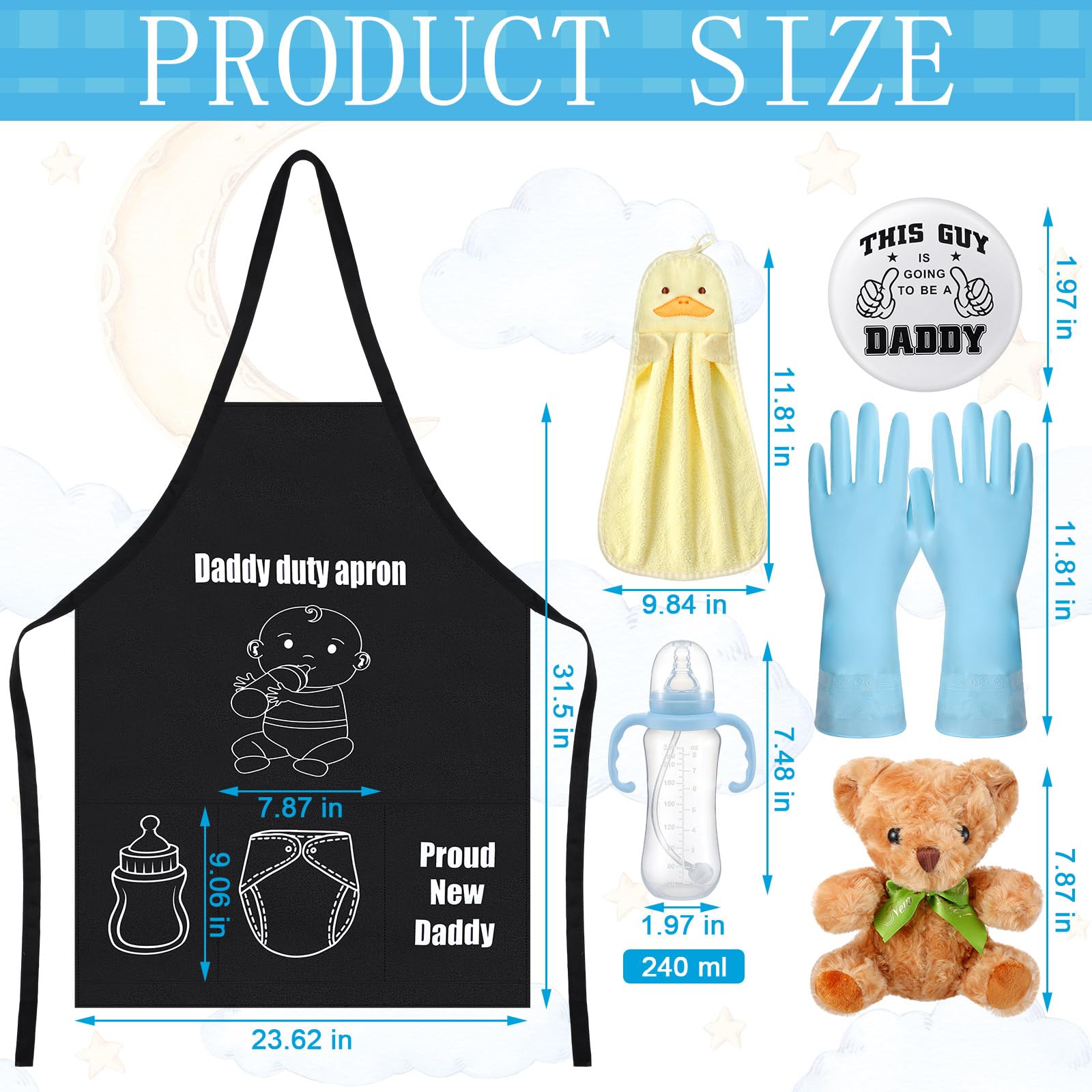 Cotwinter 7 Pcs Daddy Duty Apron for New Dad Funny Diaper Apron for Baby Shower First Daddy to Be Father's Day Gift(Black,Classic)