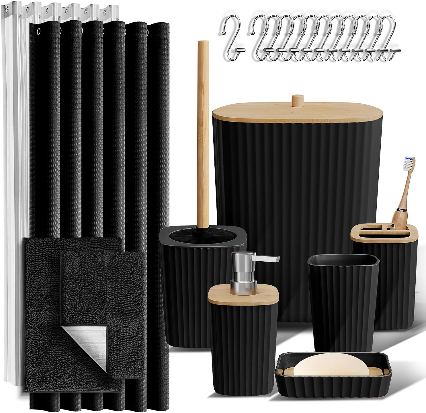 Clara Clark Bathroom Accessories Set - Bathroom Accessory Set with Shower Curtain Set, Toilet Brush, Trash Can & Soap Dispenser & Rugs (Black, Complete Set + Bath Rugs)