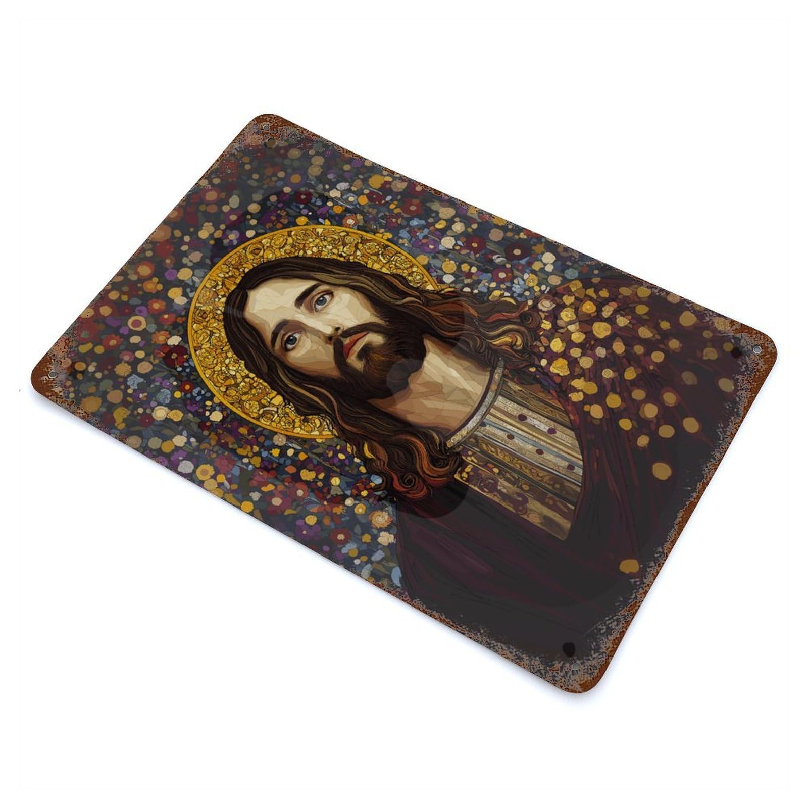 Rust Effect Jesus Christ Portrait Gustav Style Weathered Tin Sign 11.8"x7.9", Shabby Chic Decor for Patio, Garden Room And Bar Decor