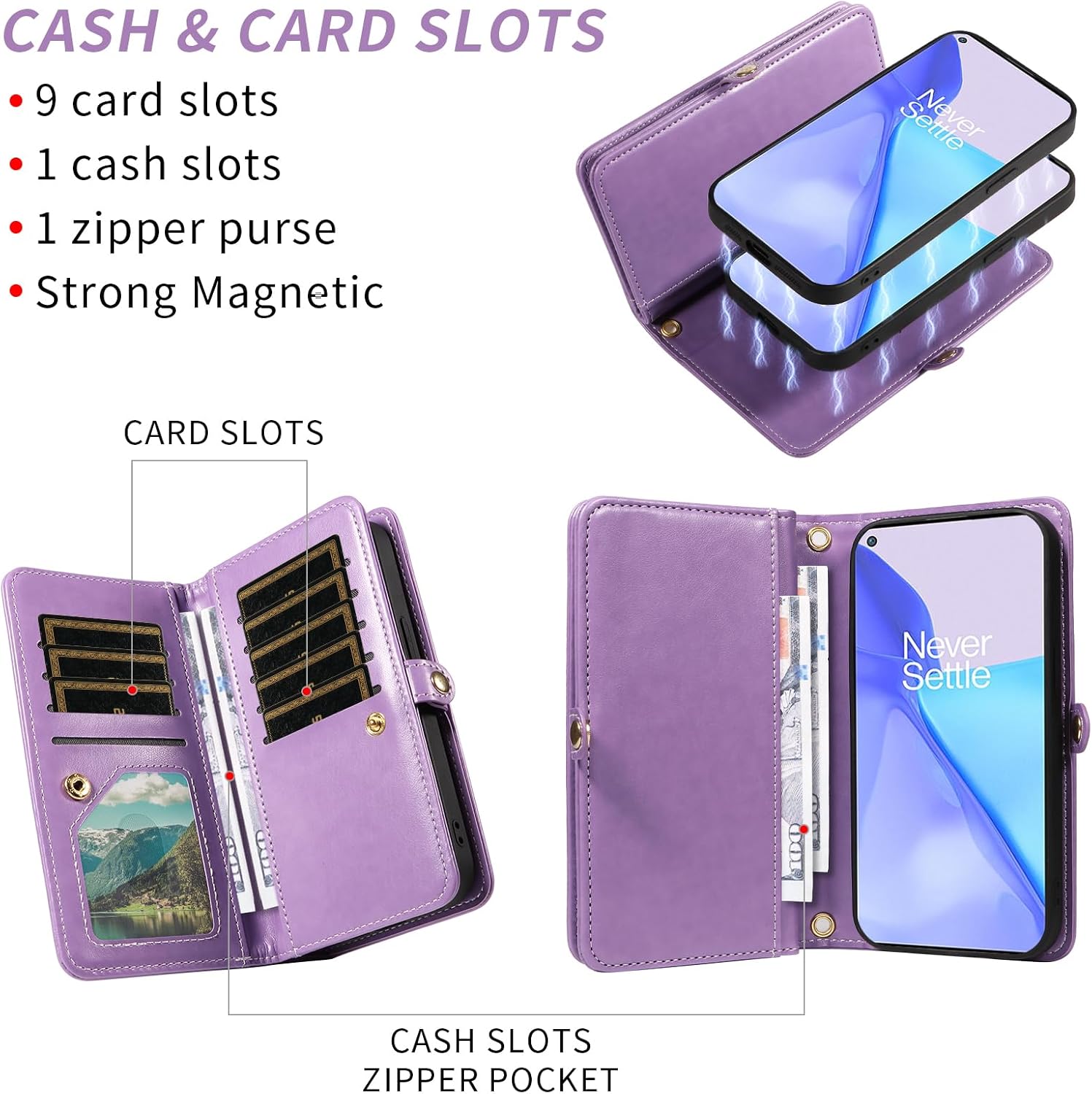 Asuwish Phone Case for OnePlus 9 OnePlus9 5G Zipper Wallet Detachable Cell Cover with Tempered Glass Screen Protector Strap Flower Card Holder One Plus9 On 1 Plus 1plus One+ 1+ 1+9 Nine Women Purple
