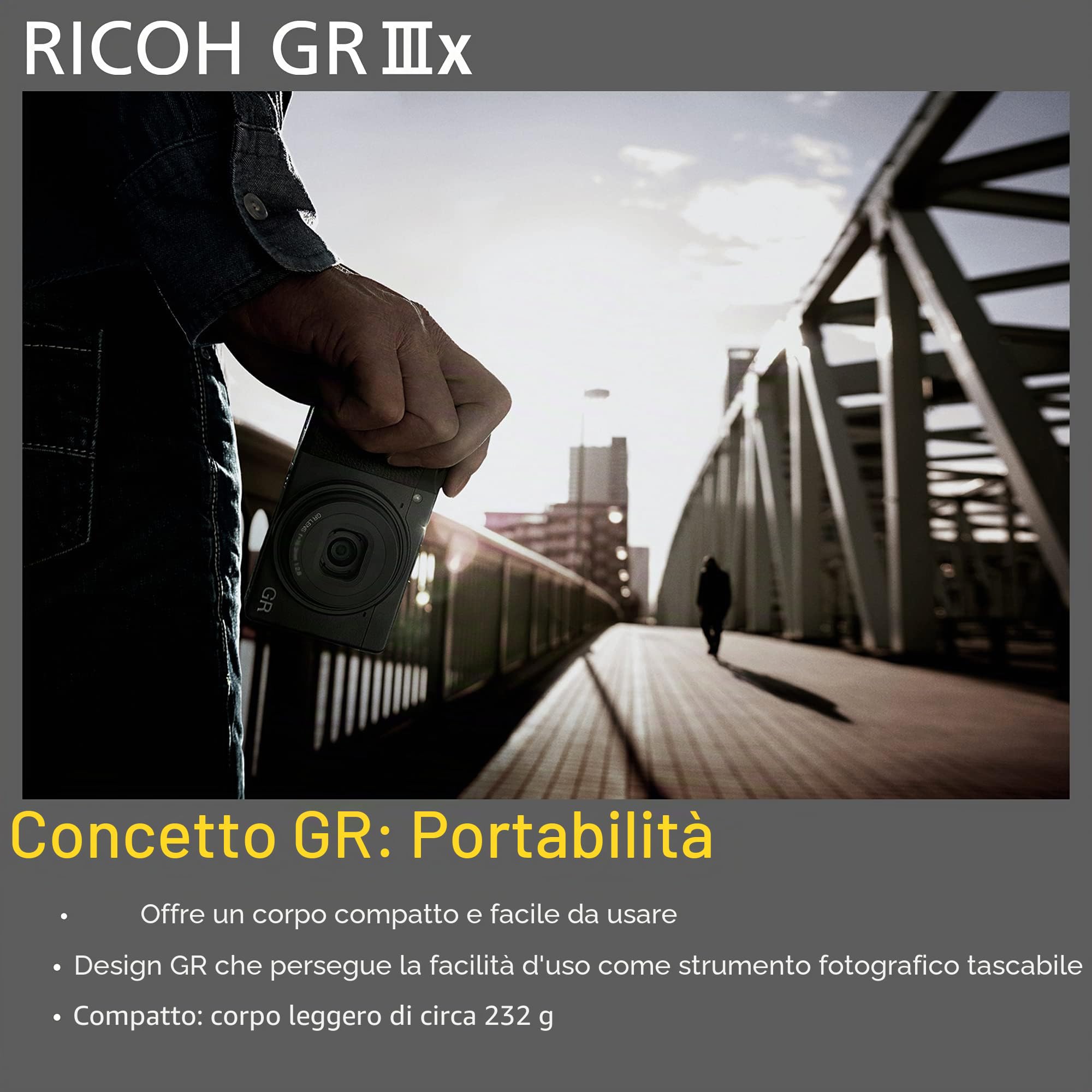 Fotocamera digitale Ricoh GR IIIx [Lung. f. 40 mm] [Dotata di sensore CMOS da 24,2 M APS-C ] [La fotocamera istantanea per eccellenza] [Avvio in circa 0,8 secondi] [AF ad alta velocità]