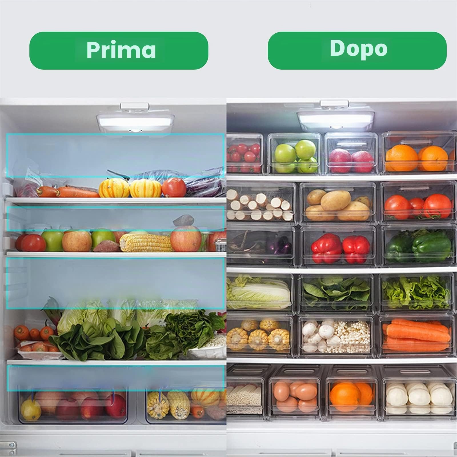 YekouMax Organizer Frigorifero, Organizzatore da Cucina Trasparente, Mantieni il Cibo Fresco e il Frigorifero in Ordine, Cassetto Portaoggetti Senza BPA, Frutta,Verdura,Carne,Snack(Larga,Set of 2)