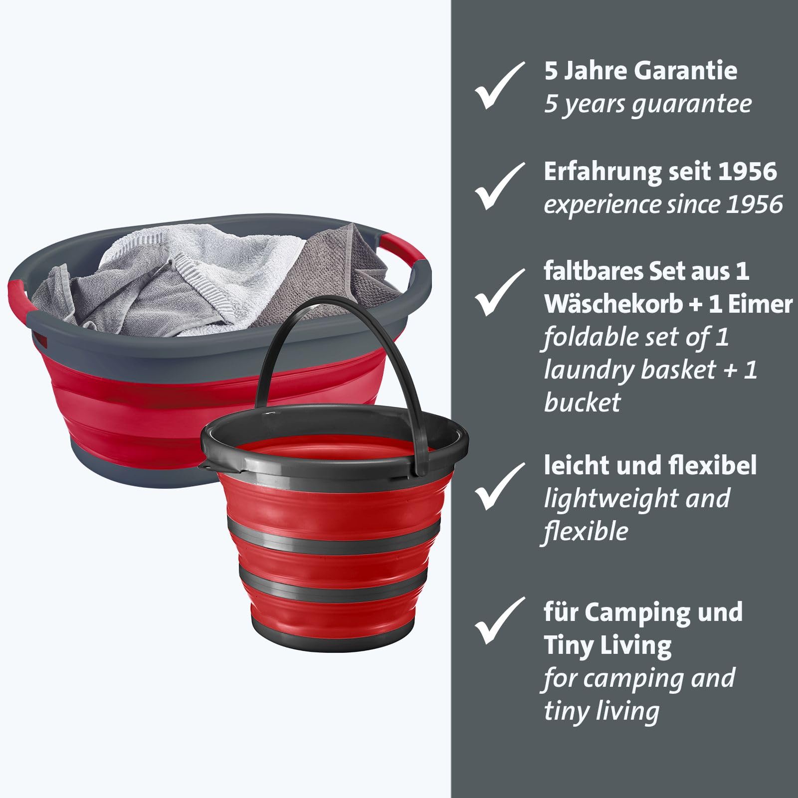 Westmark Set Wäschekorb + Eimer – Platzsparend zusammenfaltbar, tragbar, Wäschekorb und Falteimer für Camping, Reinigung oder zum Spielen für Kinder – ideal für Tiny Living