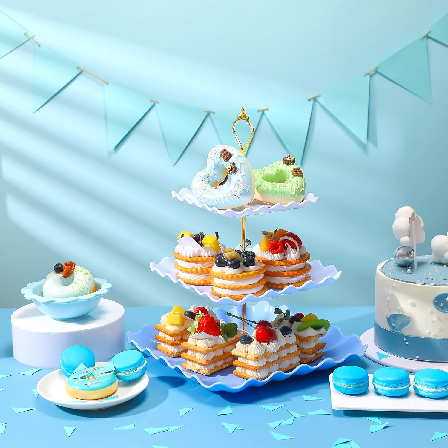 lallisa 2 pack scalloped cupcake stand dessert plates plastic square tiered serving stand display tower for wedding, birthday party, tea party and baby shower(blue gradient)