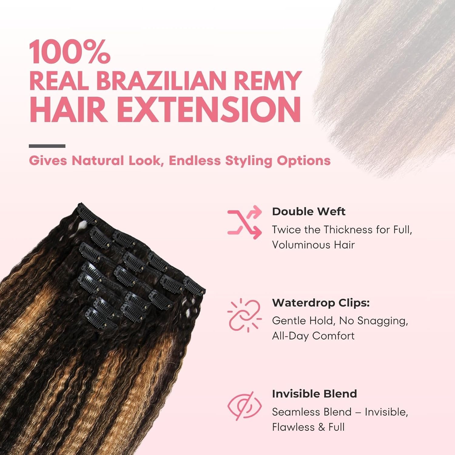 SIYUSI Kinky Straight Clip In Extensions, 100% Brazilian Remy Human Hair Clip Ins, Scalp-Friendly Invisible Clips, Honey Blonde Ombre, 3.52oz, 7Pcs (14 Inch)