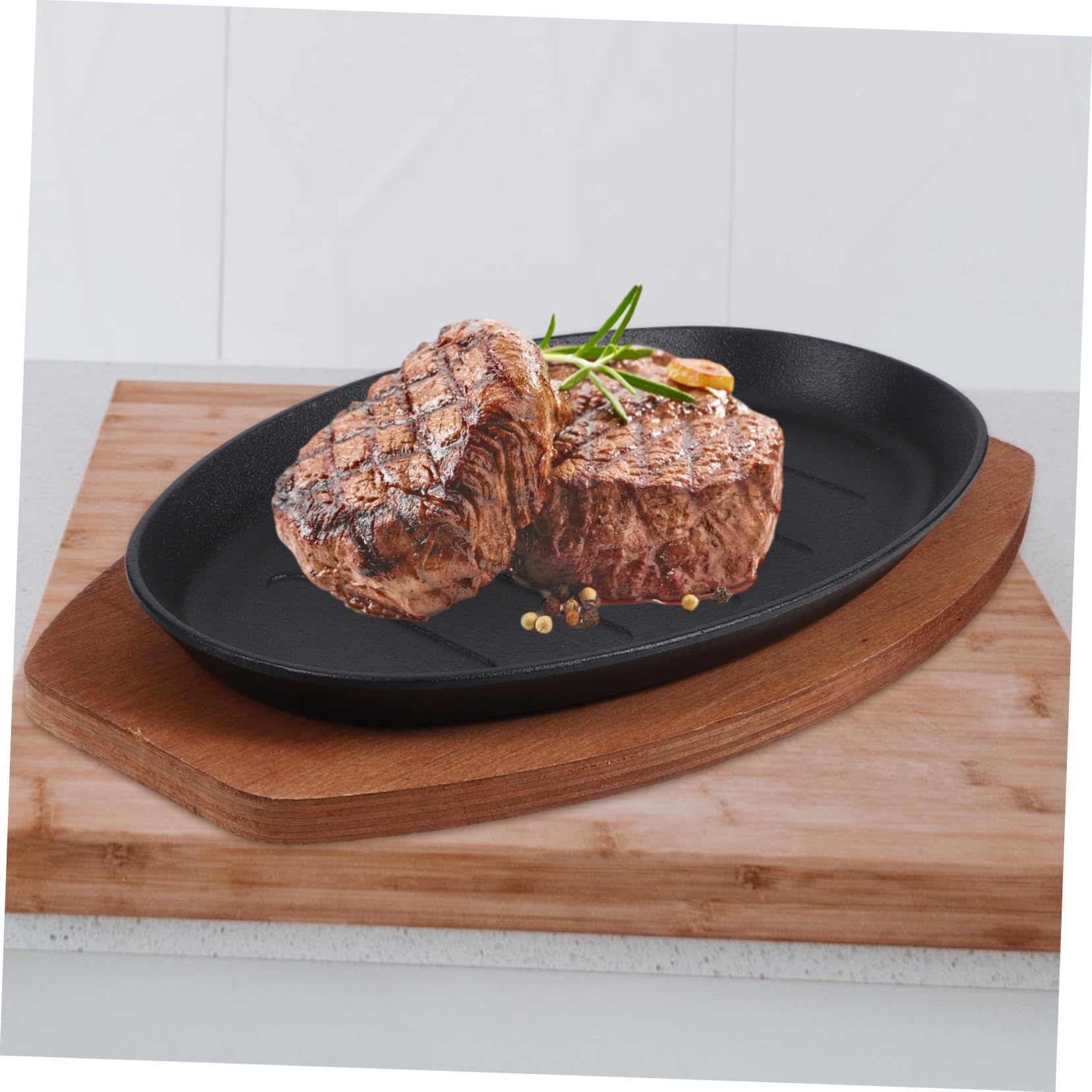 Mikikit Padella Per Bistecca in Ferro 25 Cm Con Base in Legno Antiscivolo, Piastra Per Grigliare e Piatto Di Portata Caldo Per Cucina e Barbecue Professionale