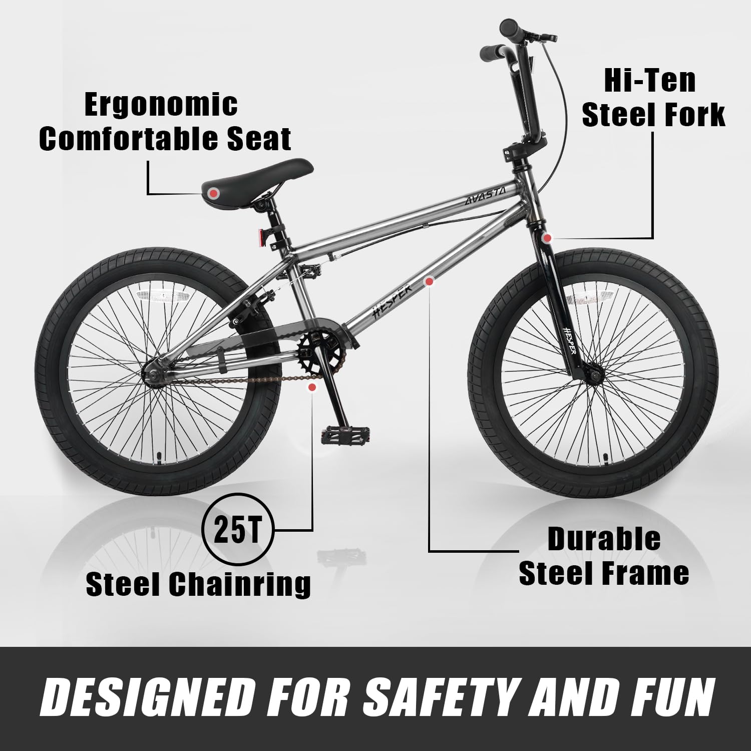 AVASTA Hesper Bicicleta BMX Freestyle de 20 pulgadas para niños, para chicos de 6, 7, 8, 9, 10, 11, 12, 13, 14 años y principiantes, color gris