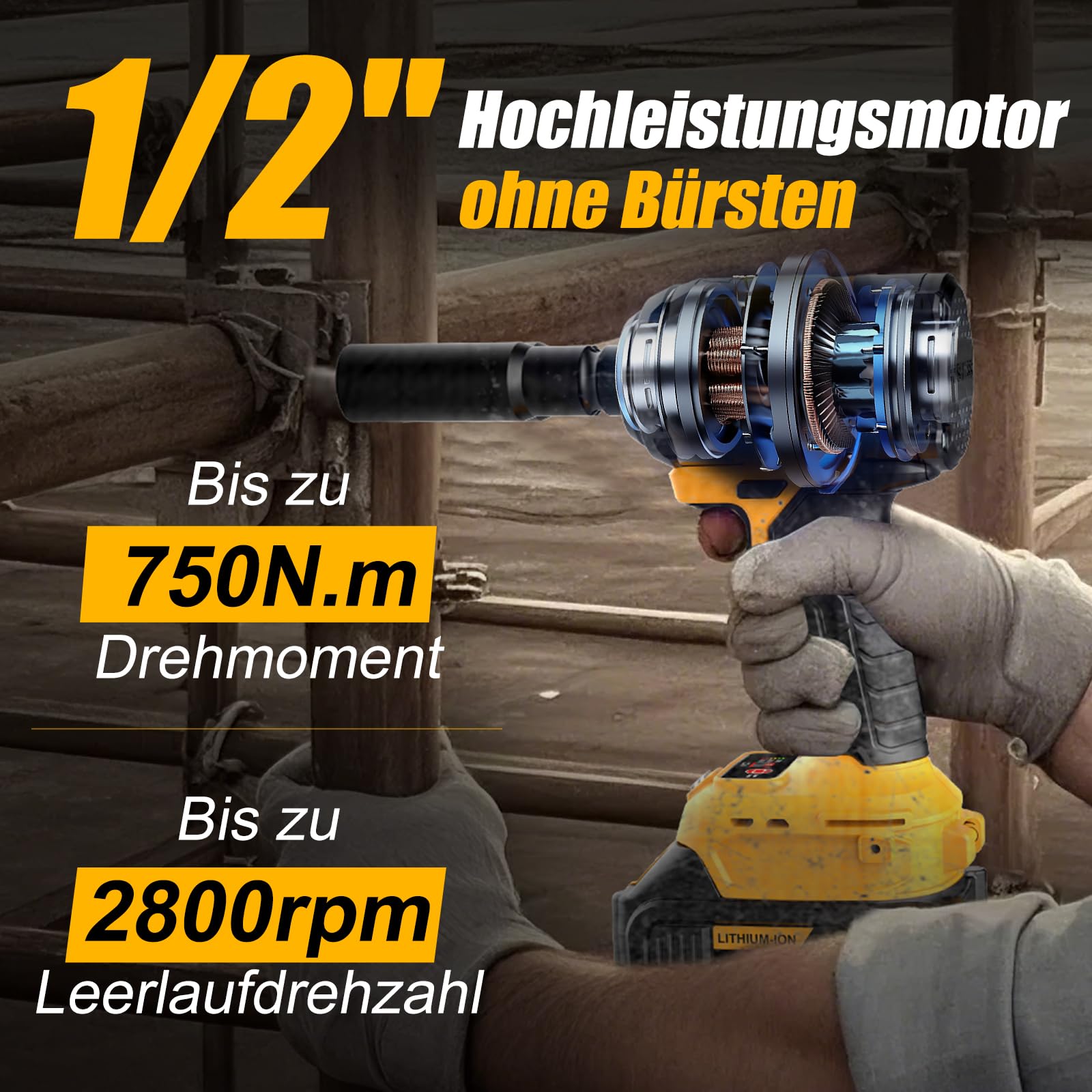1/2" Schlagschrauber 750N.m Bürstenlos Hohes Drehmoment Elektro-Schlagschrauber with 2x4.0AH Batterie und Schnellladegerät für Auto-Reparatur,Reifenwechsel,Bauwerkzeug,DIY | 2x4.0Ah Akku und Ladegerät, Stecknüsse, Verlangerung und koffer Impact Wrench für
