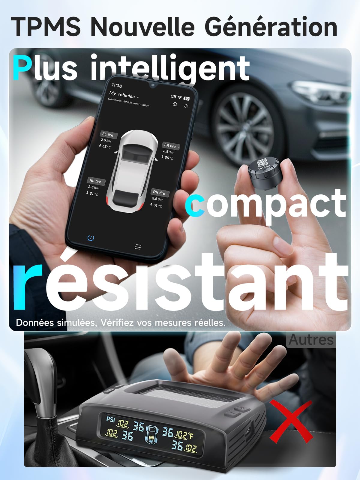 MOMAN TPMS Système Surveillance Pression Pneus Bluetooth Capteurs Lot4 | Capteur pression pneus voiture, suivi Bluetooth via application, alerte température, données en temps réel, camping-car