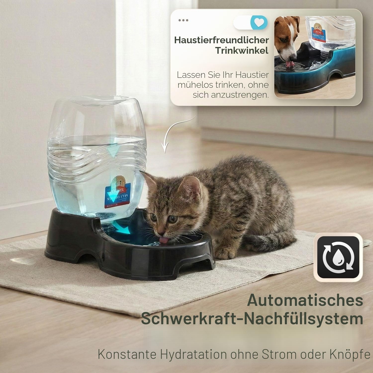 Flexzion Wasserspenderstation für Haustiere, schwarz, 1/4 Gallonen, automatische Nachfüllung, Schwerkraft-Bewässerung, Trinkbrunnen, Flasche, Schüssel, tragbarer Ständer für kleine Hunde, Katzen,