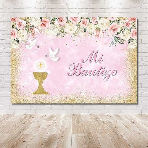 Miniatura 6 de MEHOFOND Mi Bautizo - Telón de fondo para niña, fiesta de bautismo, fondo de fotografía, decoración de pancarta dorada de bendición rosa, blanco,