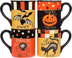 Spooky Halloween Mugs – Set of 4 18 oz Ceramic Coffee Mugs with Halloween Sayings & Characters