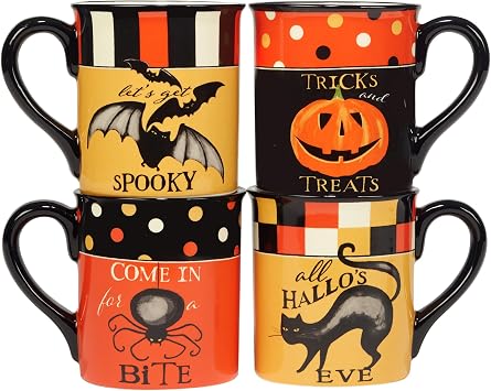 Spooky Halloween Mugs Set of 4 18 oz. Ceramic Coffee Mugs with Halloween Sayings & Characters Pumpkin, Black Cat, Bat & Spider Festive Fall Drinkware for Cocoa, Tea, or Cider