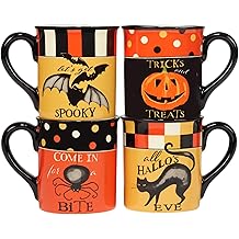 Spooky Halloween Mugs &ndash; Set of 4 18 oz. Ceramic Coffee Mugs with Halloween Sayings &amp; Characters &ndash; Pumpkin, Black Cat, Bat &amp; Spider &ndash; Festive Fall Drinkware for Cocoa, Tea, or Cider